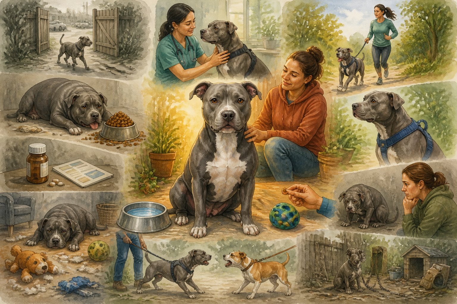 A calm pit bull terrier sits at the center of a scene showing responsible care and several unsafe ownership situations around it.