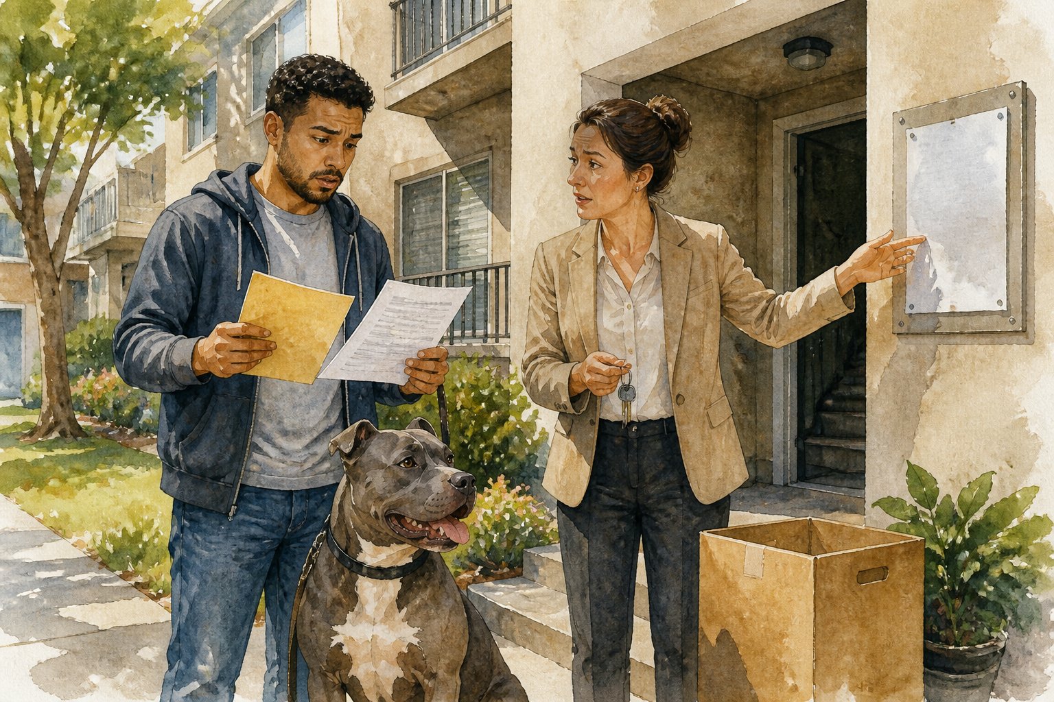 A dog owner reviews a rental agreement with a property manager outside an apartment building while a pit bull waits on a leash.