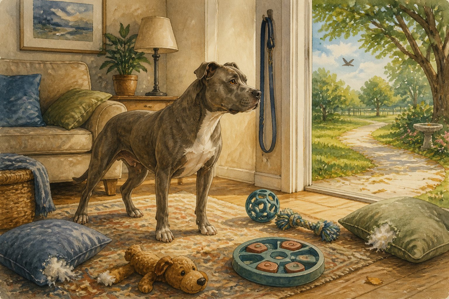A bored pit bull waits indoors beside unused toys and a leash while an inviting yard is visible outside.