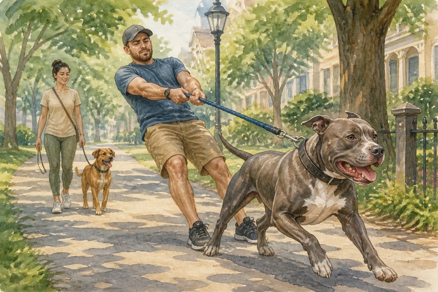 A muscular dog pulls hard on its leash while its owner struggles to keep control on a park path.