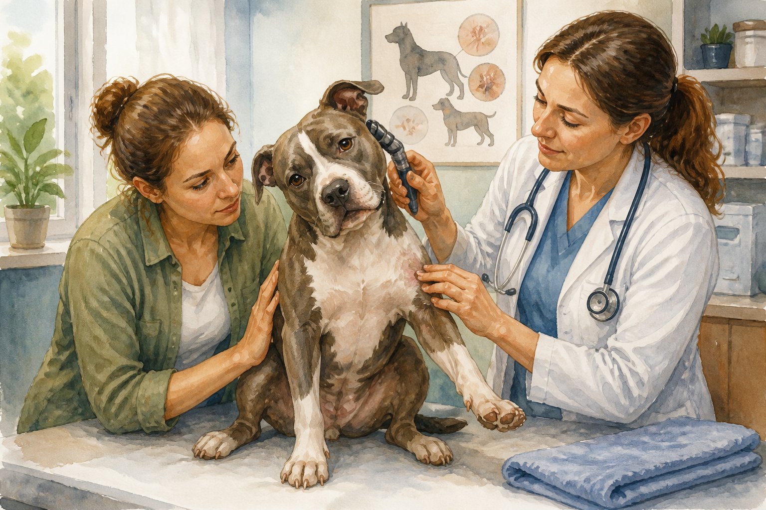 A veterinarian examines a pit bull terrier’s ear while the owner watches attentively in a clinic.
