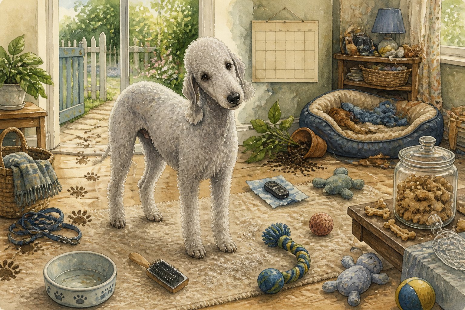A curious Bedlington Terrier stands in a home surrounded by scattered grooming, feeding, training, safety, and care items that suggest common owner mistakes.