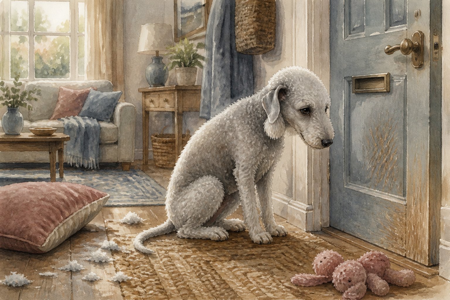 A worried Bedlington Terrier sits alone beside a closed front door in a quiet home.