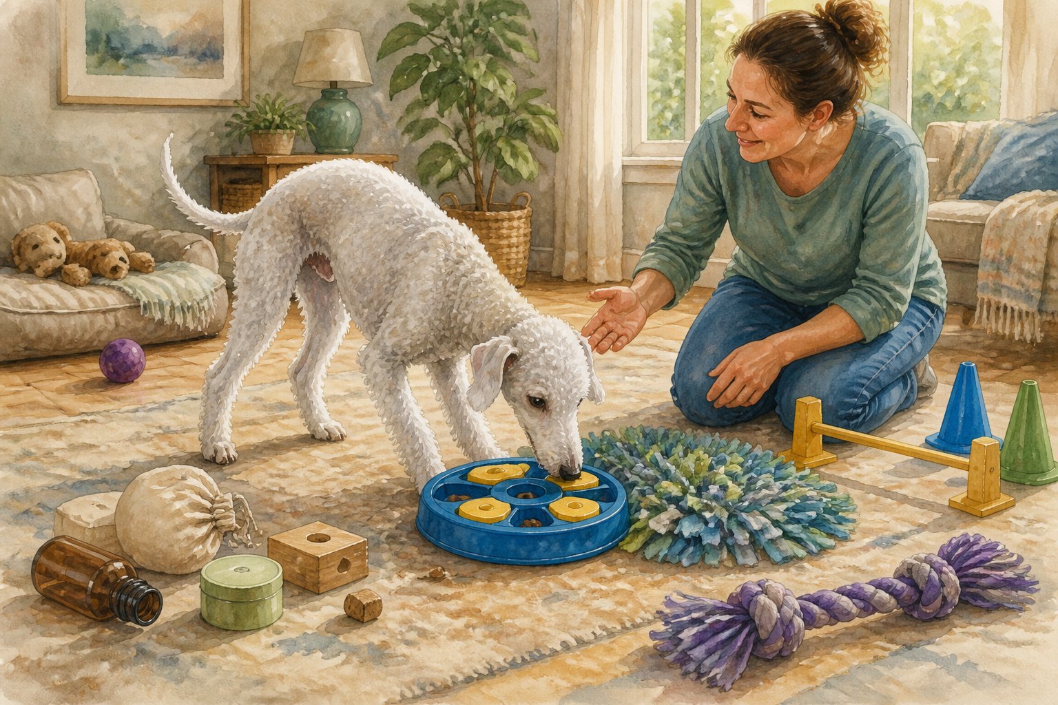 A Bedlington Terrier explores puzzle toys and scent games while its owner provides guidance in a bright home.