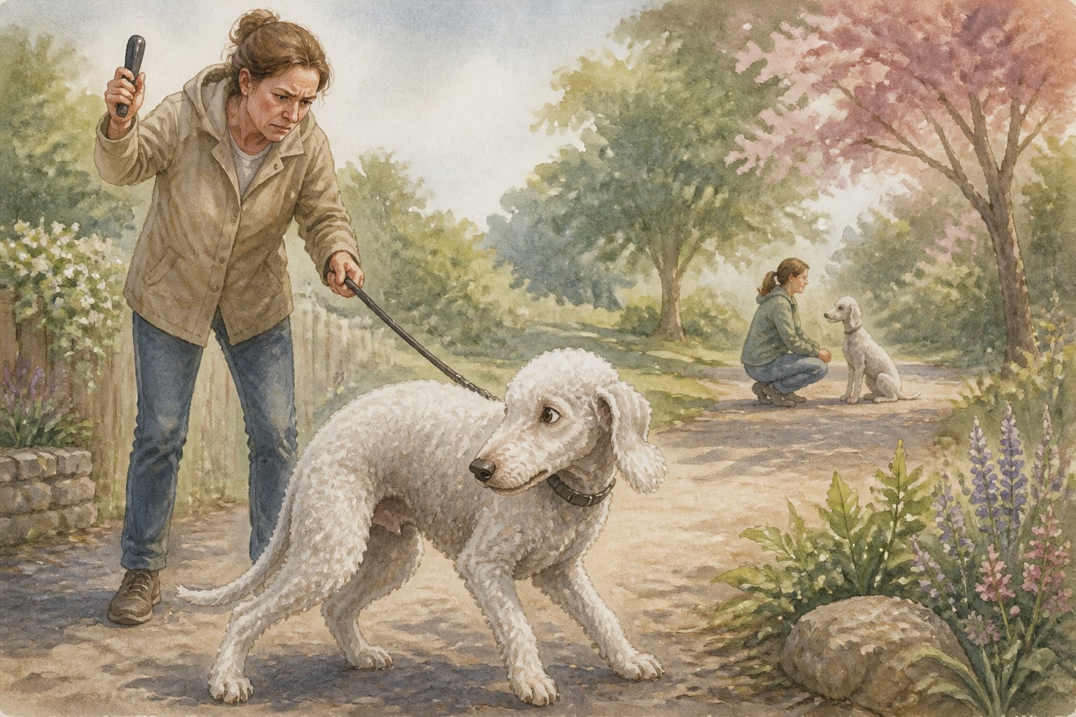 An anxious Bedlington Terrier stands on a leash near a frustrated owner in a garden.