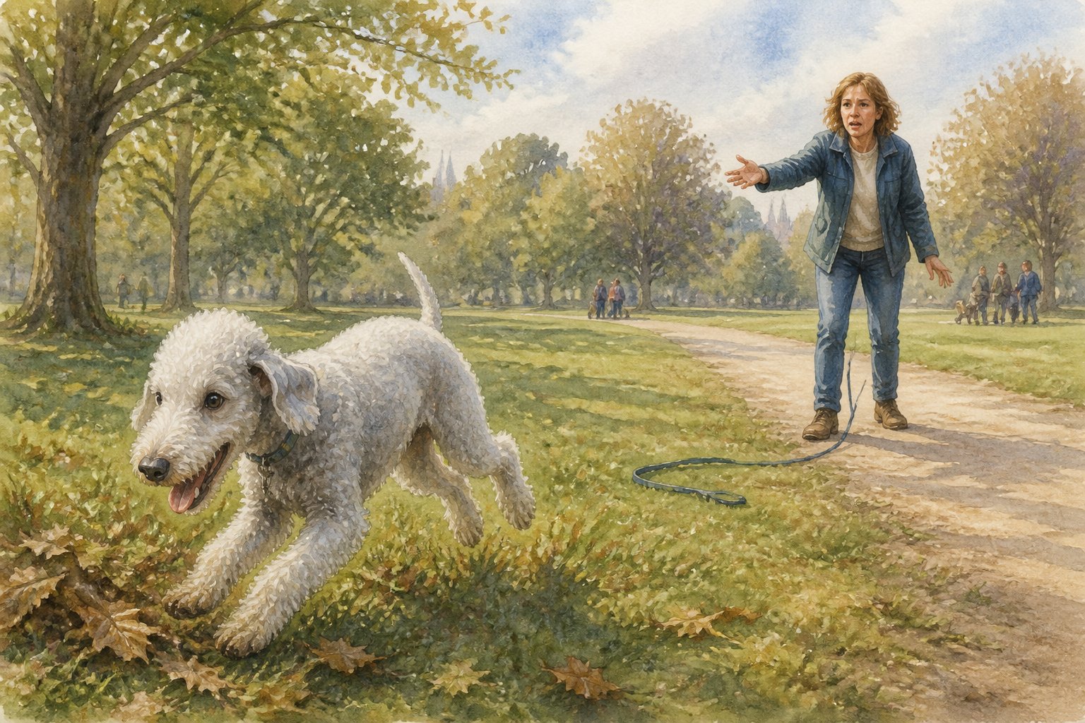 A Bedlington Terrier runs across a grassy park while its owner calls from behind.