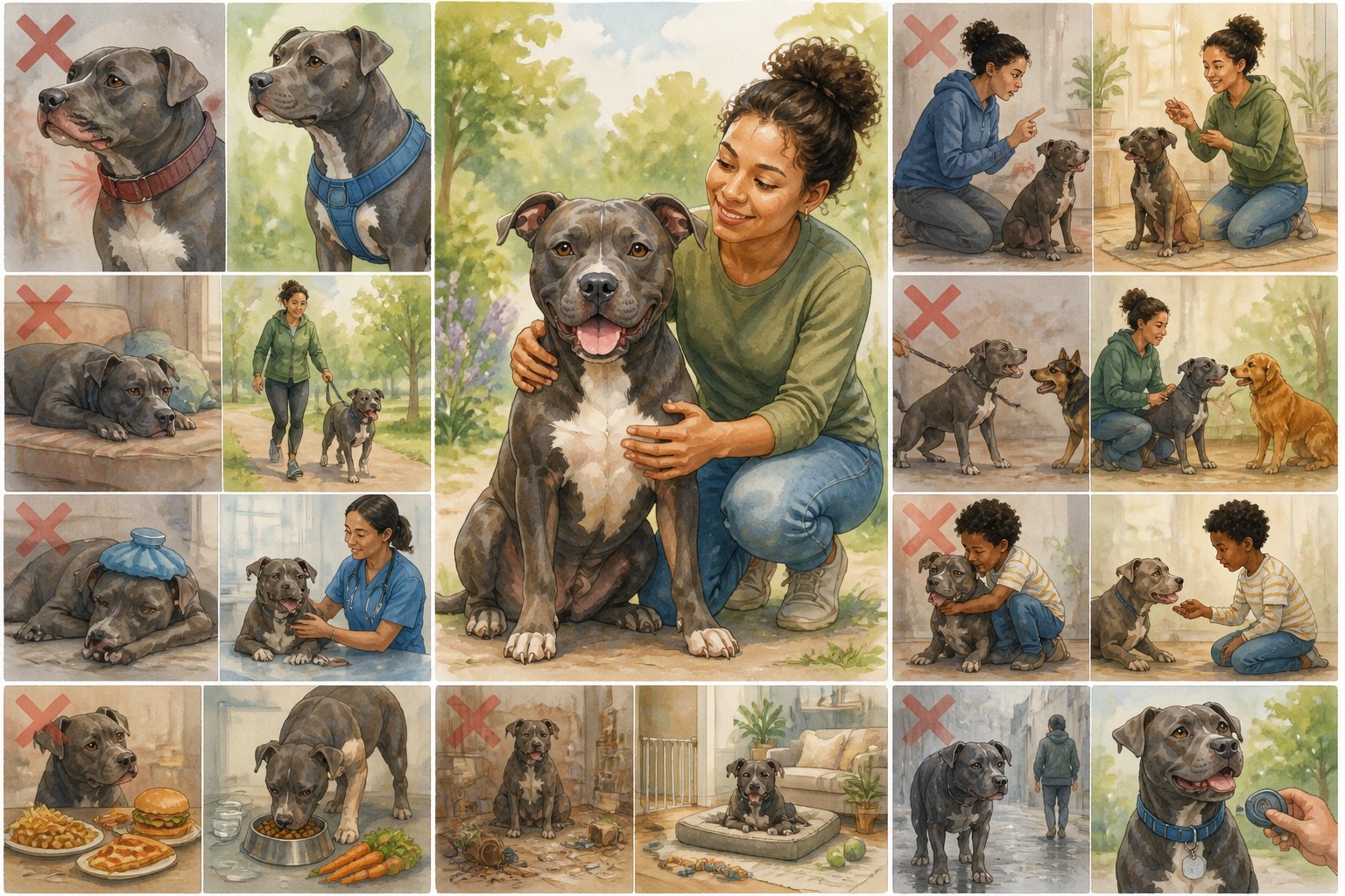 A blue-gray pit bull and its owner surrounded by scenes showing safe, healthy, and responsible dog care.