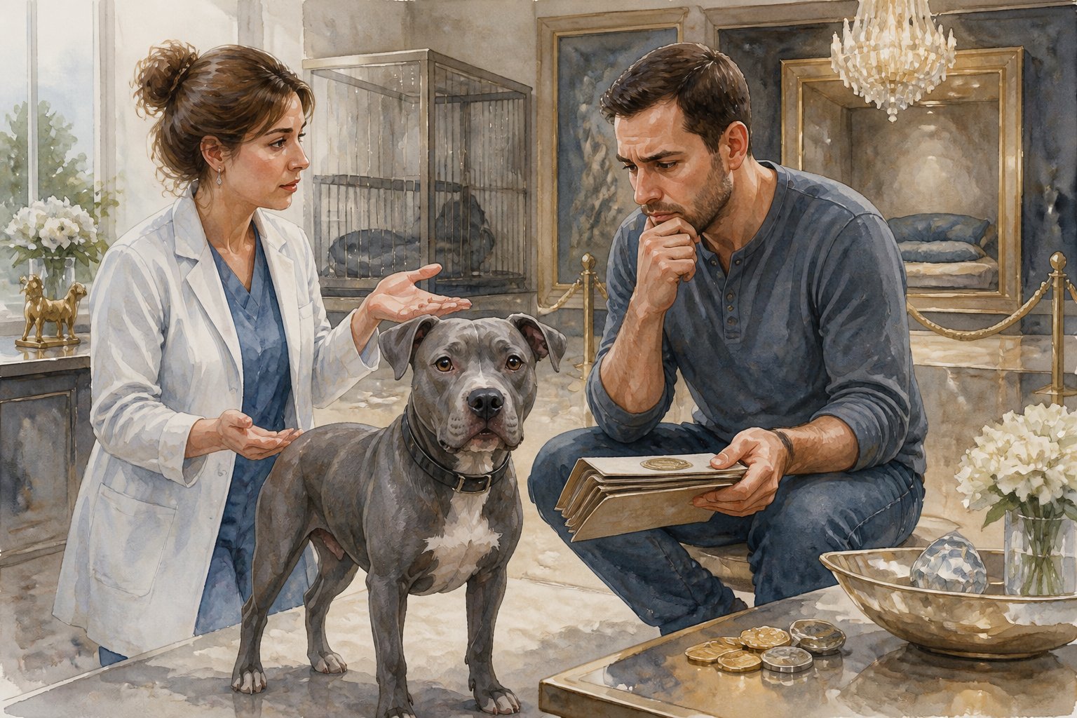 A blue-gray pit bull stands beside a concerned potential owner and an animal welfare advisor in a pet-selling setting.