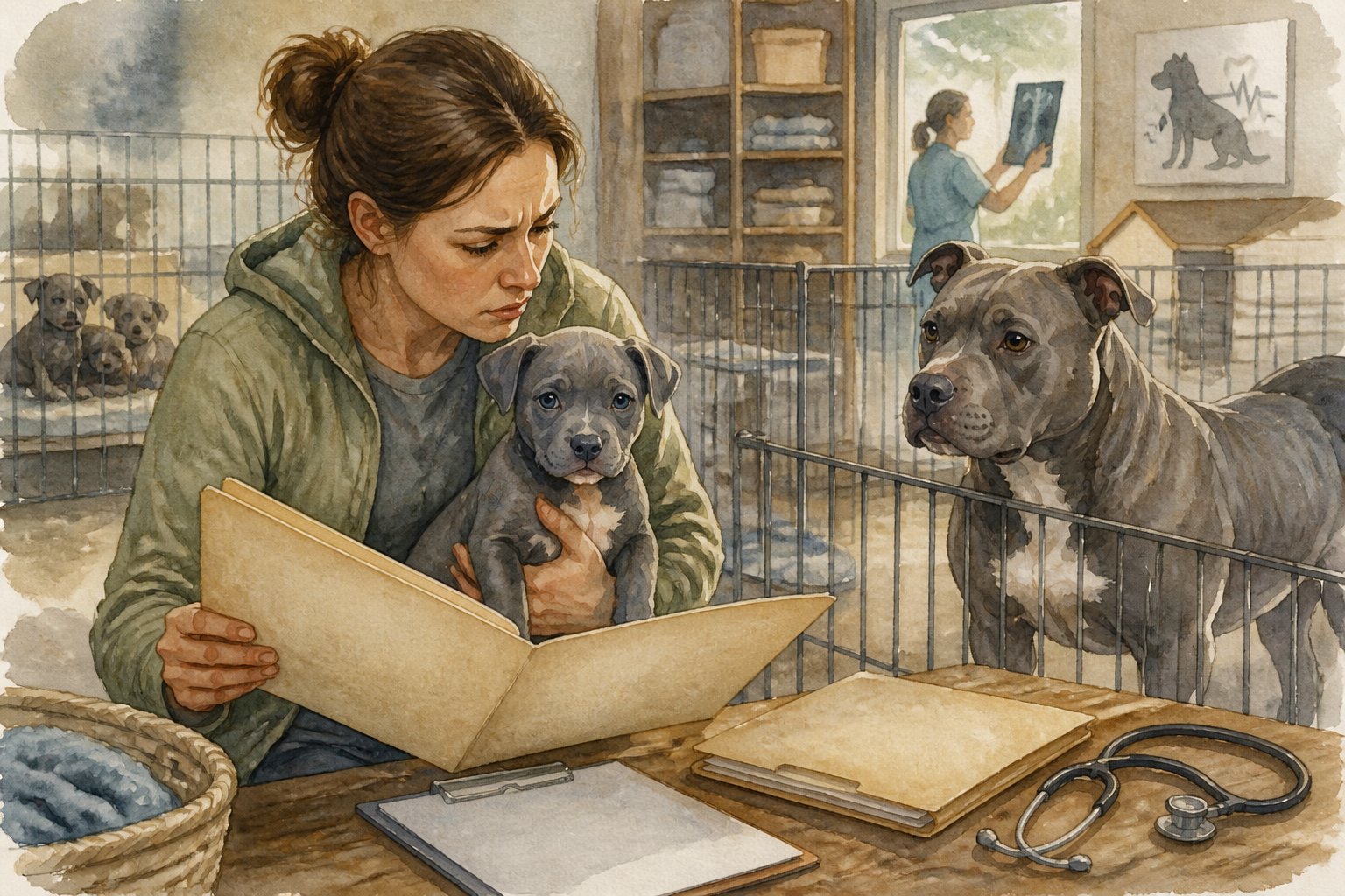 A concerned person examines a blue-gray pit bull puppy while reviewing incomplete health records at a breeder’s facility.