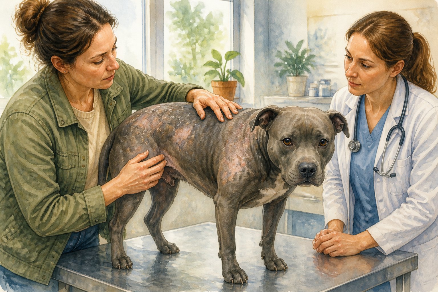 A blue-gray pit bull with patchy hair loss is examined by its concerned owner and a veterinarian in a bright clinic.