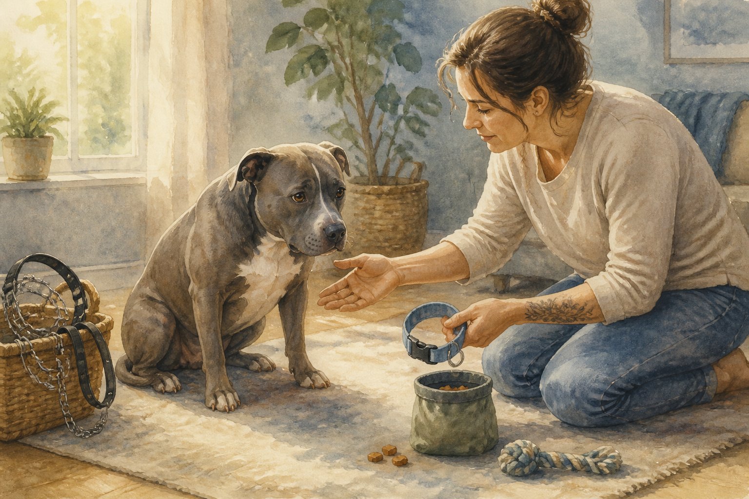 A blue-nose pit bull sits uneasily while its owner replaces a harsh training collar with gentle, reward-based care.