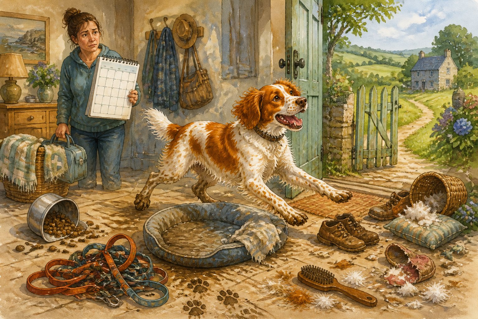 An energetic orange-and-white Brittany dog creates a series of messes and challenges in a rural home while its concerned owner looks on.