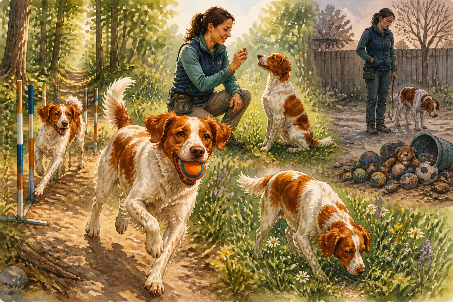 An energetic Brittany dog participates in running, scent work, and agility activities with its owner in a sunny park.