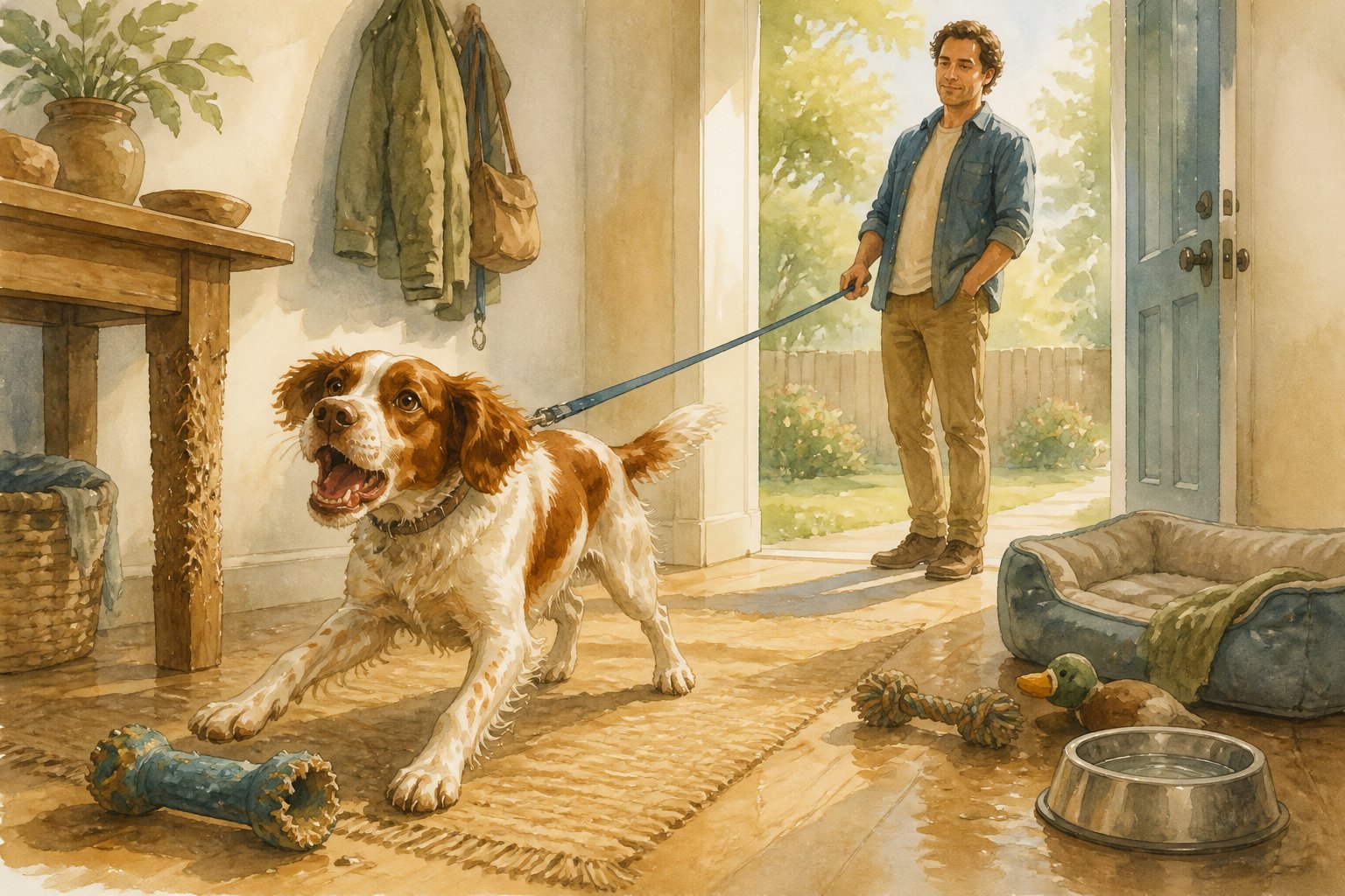 An owner patiently waits while a young Brittany dog pulls on its leash beside a chew toy.