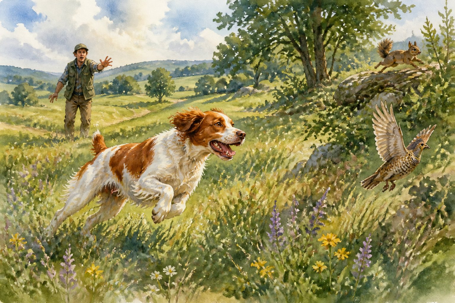 An orange-and-white Brittany dog runs away from its concerned owner across a grassy meadow while distracted by birds.