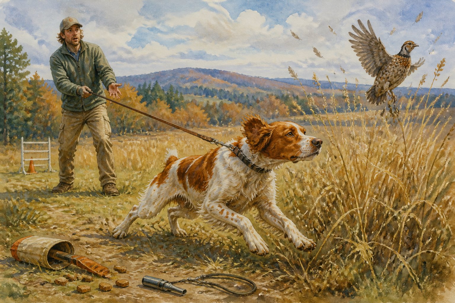 An owner struggles to control an excited Brittany dog as it chases a bird through a grassy field.
