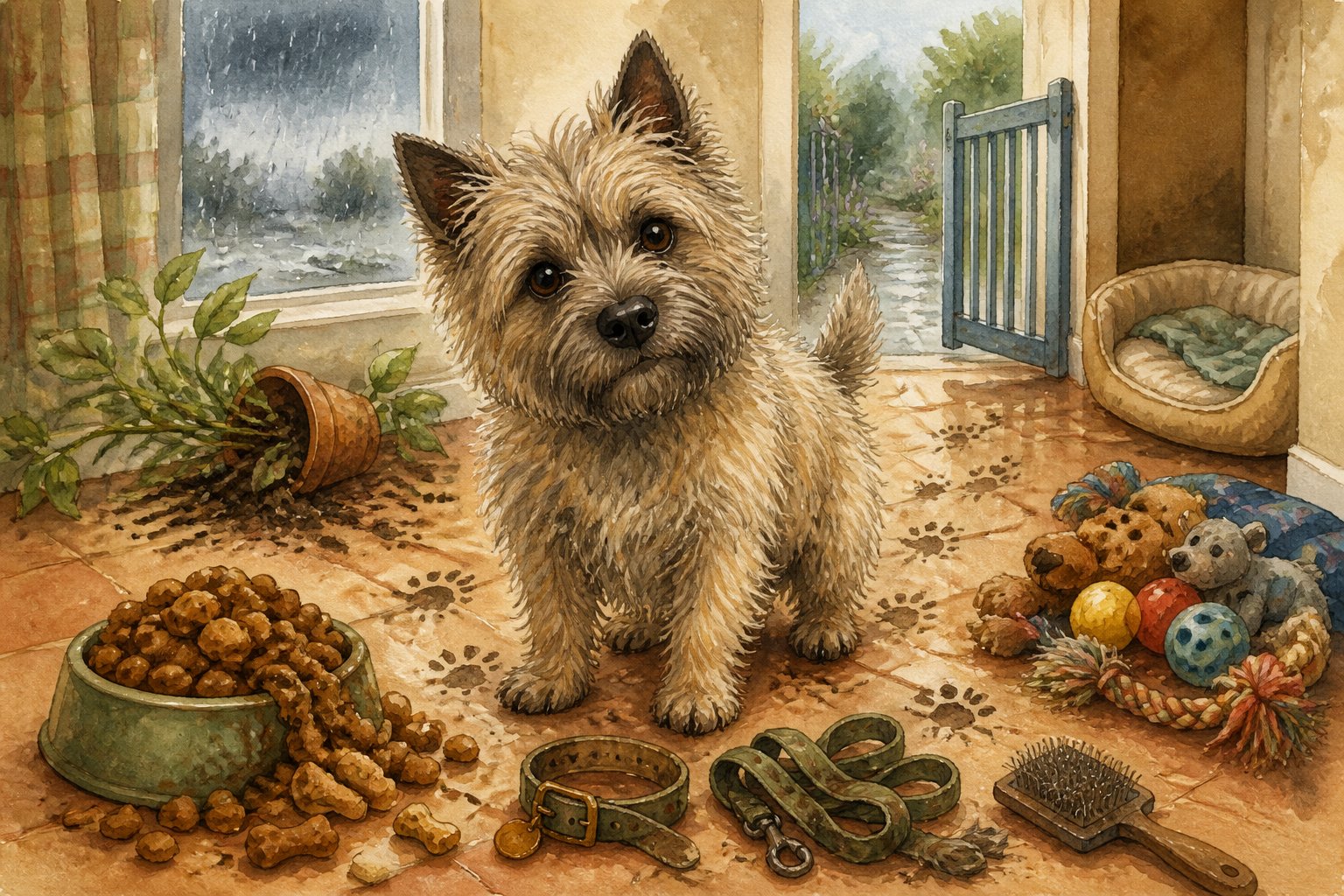 A scruffy Cairn Terrier sits in a cluttered home surrounded by signs of common care and training mistakes.