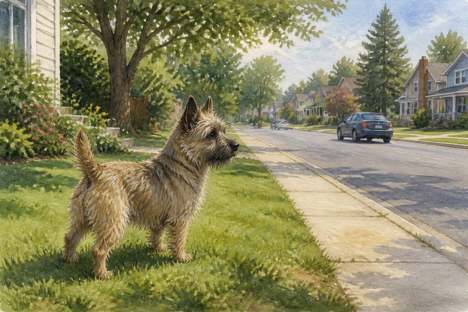 A Cairn Terrier stands alone in an unfenced yard beside a sidewalk and residential street.