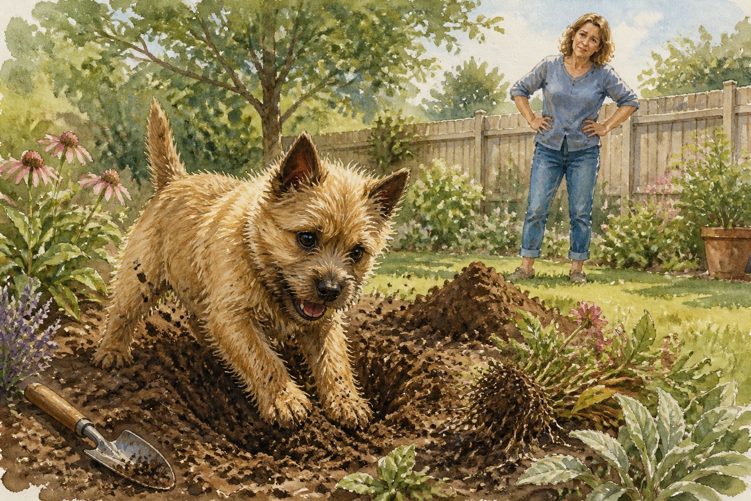 A Cairn Terrier digs energetically in a backyard garden while its owner watches nearby.