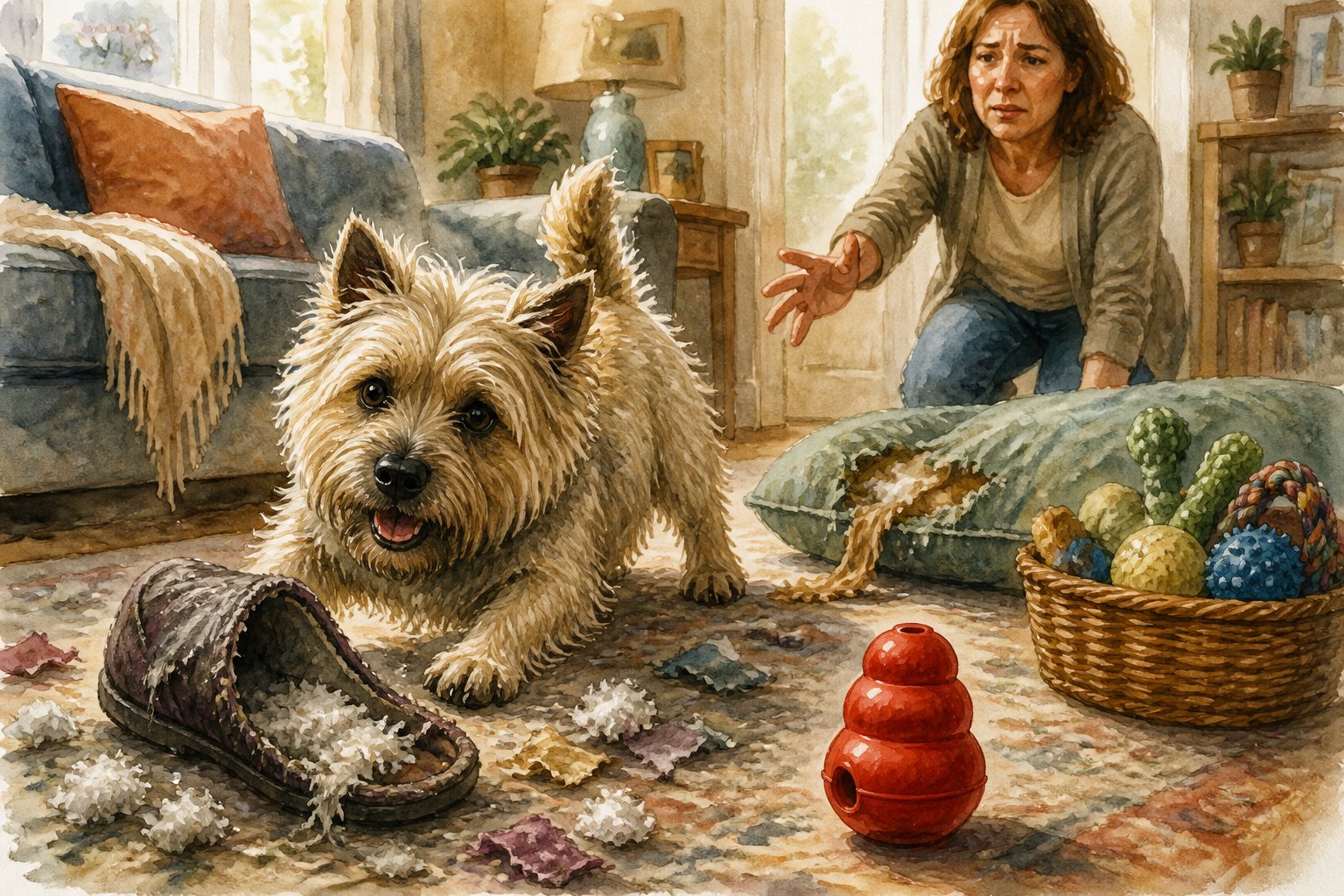 A Cairn Terrier sits beside a chewed slipper while an intact red rubber chew toy rests nearby.