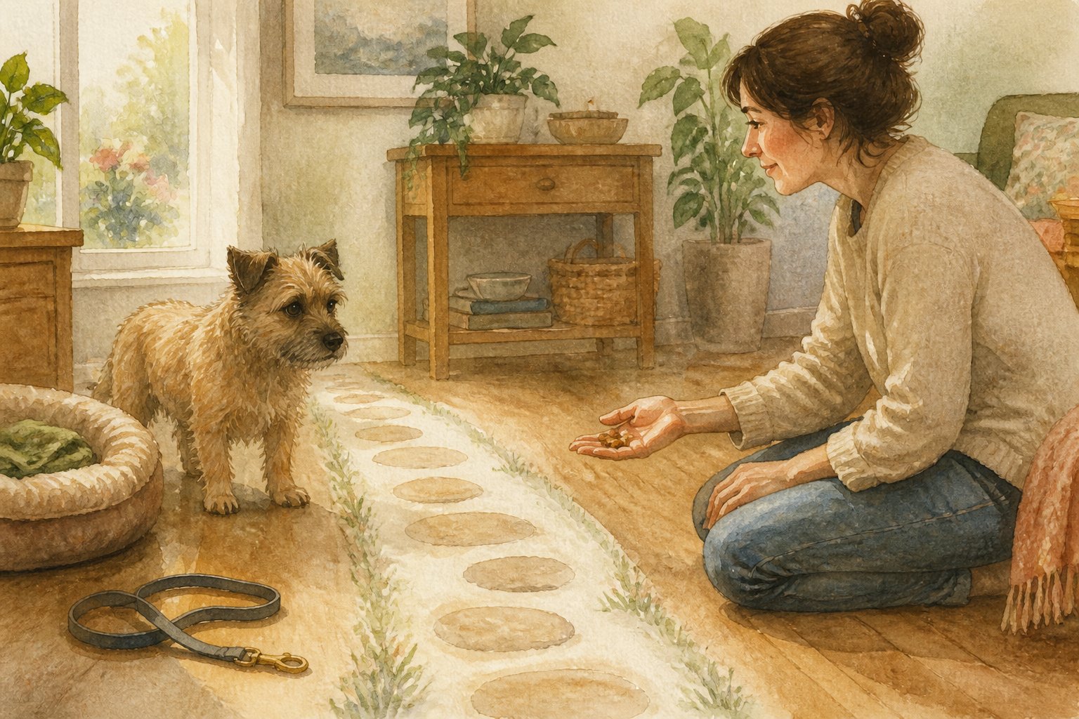 A cautious Cairn Terrier stands near its bed while an owner offers treats with a calm, patient posture.