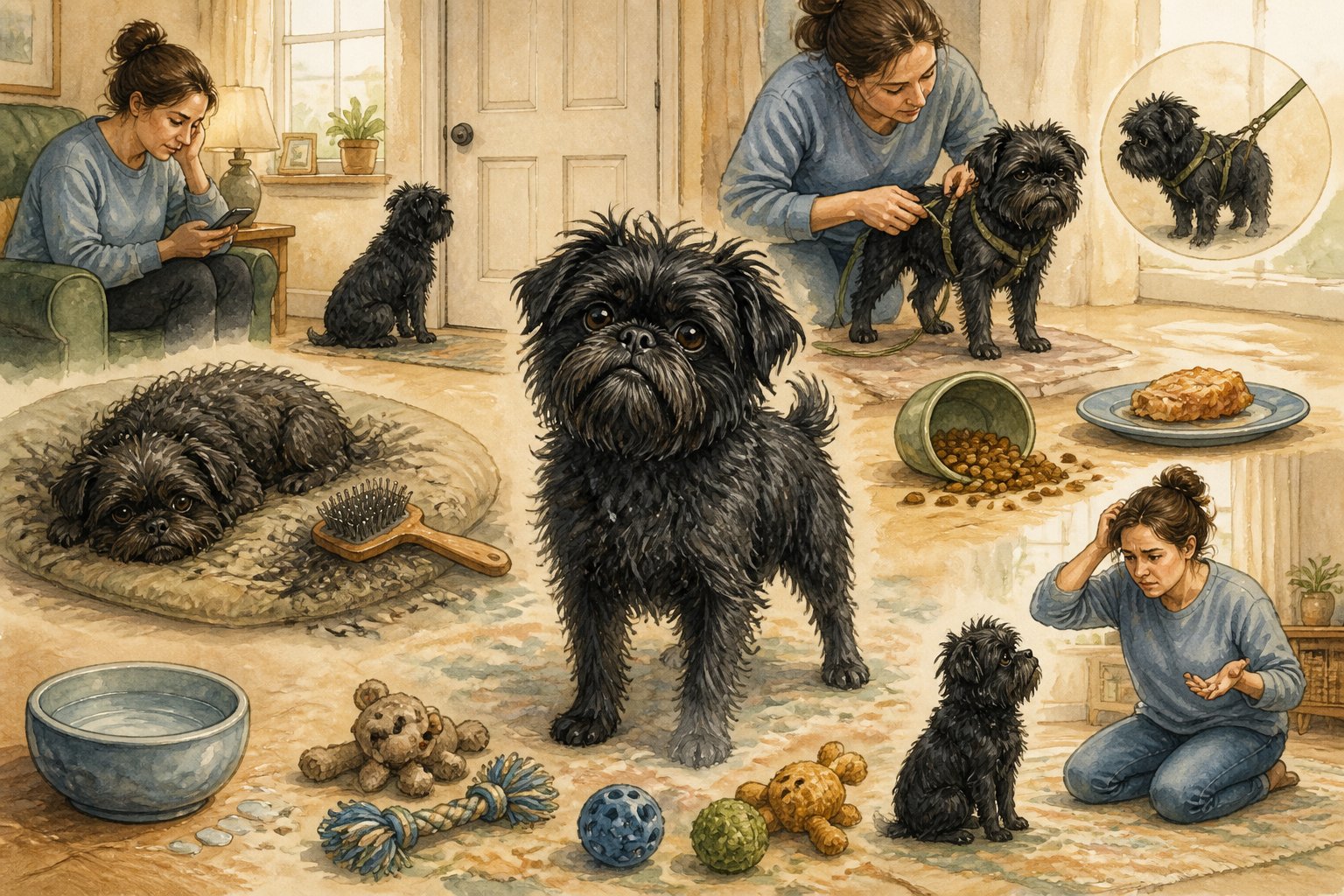 A shaggy Affenpinscher stands in a home surrounded by scenes showing common pet-care mistakes.