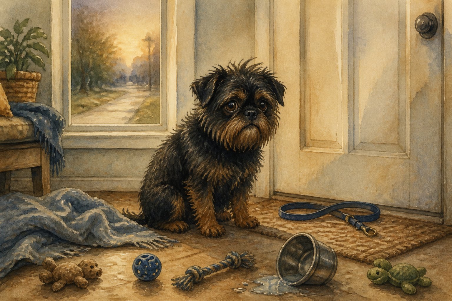 An anxious Affenpinscher sits beside a closed front door in a slightly messy home.