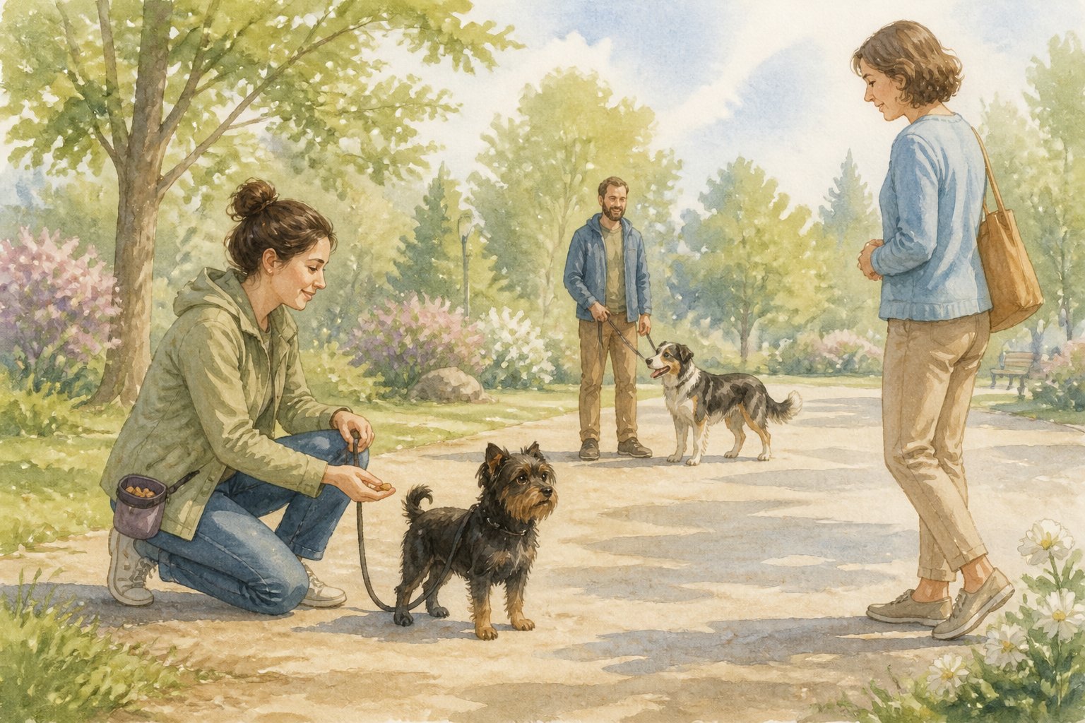 An owner calmly introduces an Affenpinscher to a friendly stranger and another dog in a park.
