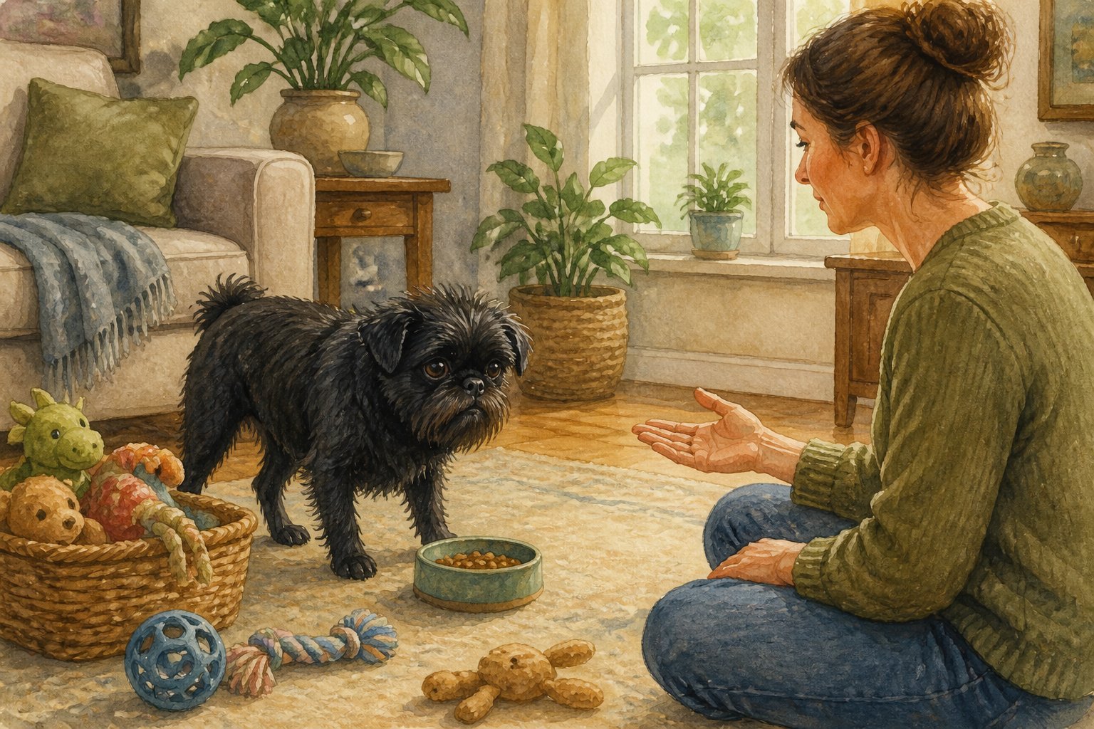 An Affenpinscher stands near its food bowl and toys while an owner calmly observes from a respectful distance.