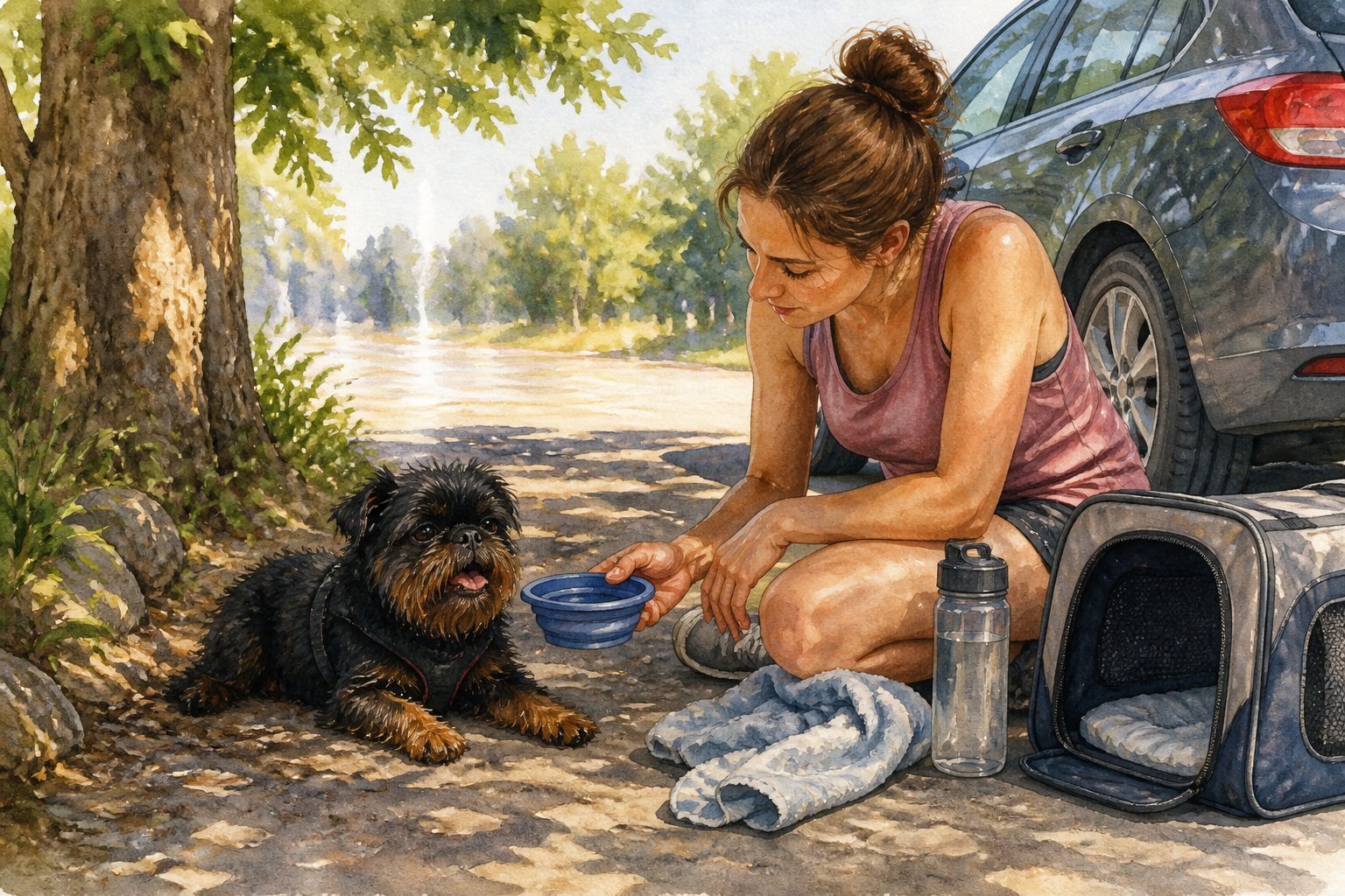 An owner gives water to a tired Affenpinscher resting in the shade beside a parked car.