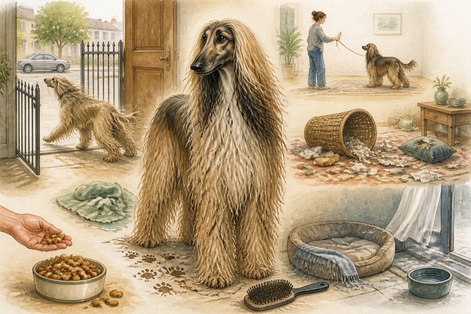 An Afghan Hound stands in a home surrounded by grooming problems, scattered belongings, unsafe surroundings, extra treats, and other signs of overlooked care.