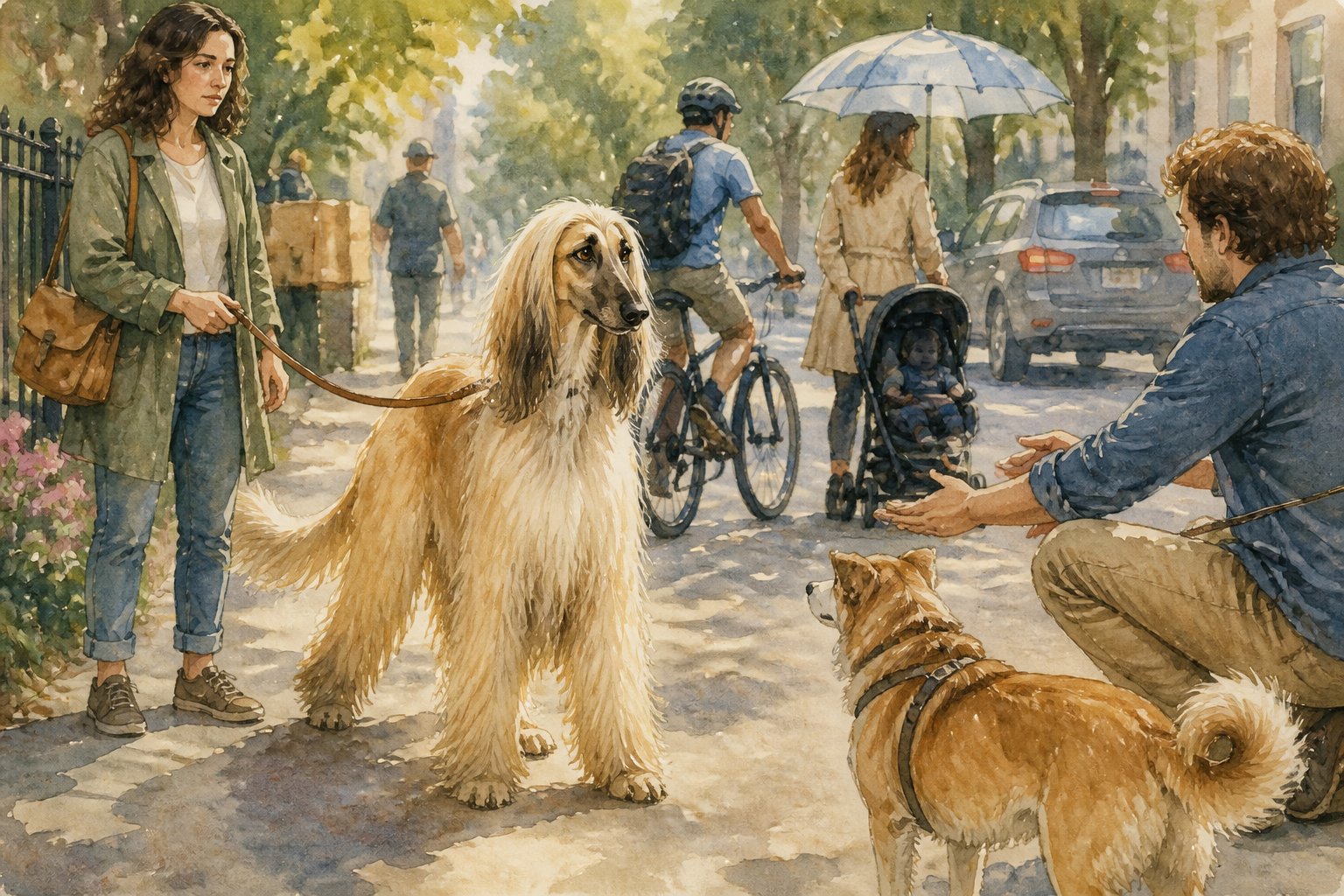 An Afghan Hound appears tense on a sidewalk while its owner introduces it cautiously to a visitor, another dog, and everyday surroundings.