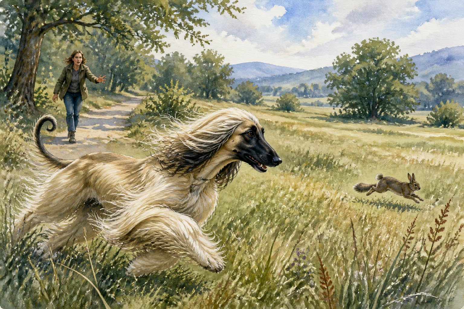 An Afghan Hound runs across a meadow toward a small animal while its concerned owner calls from behind.