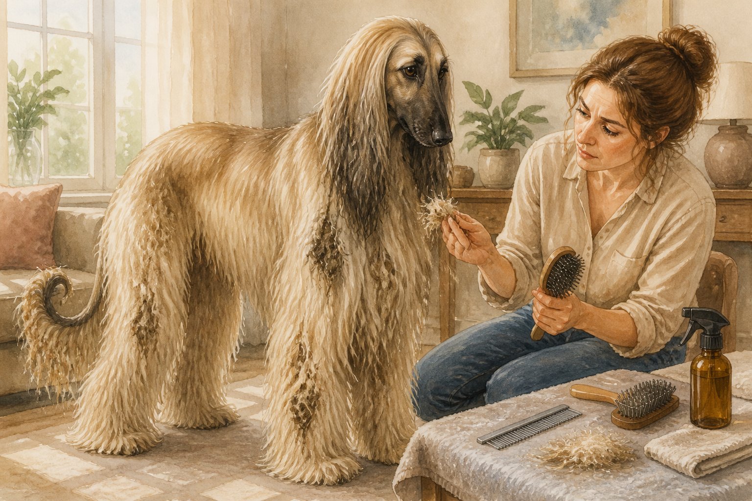 An Afghan Hound with tangled fur sits beside a concerned owner holding a grooming brush.