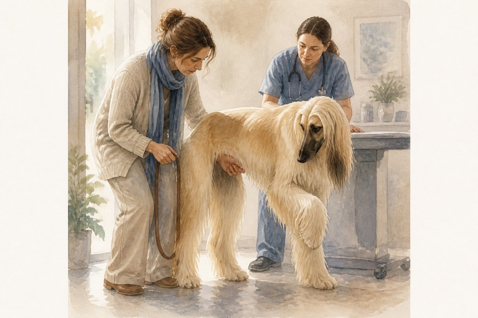 A concerned owner and veterinarian attend to an uneasy Afghan Hound in a calm indoor setting.