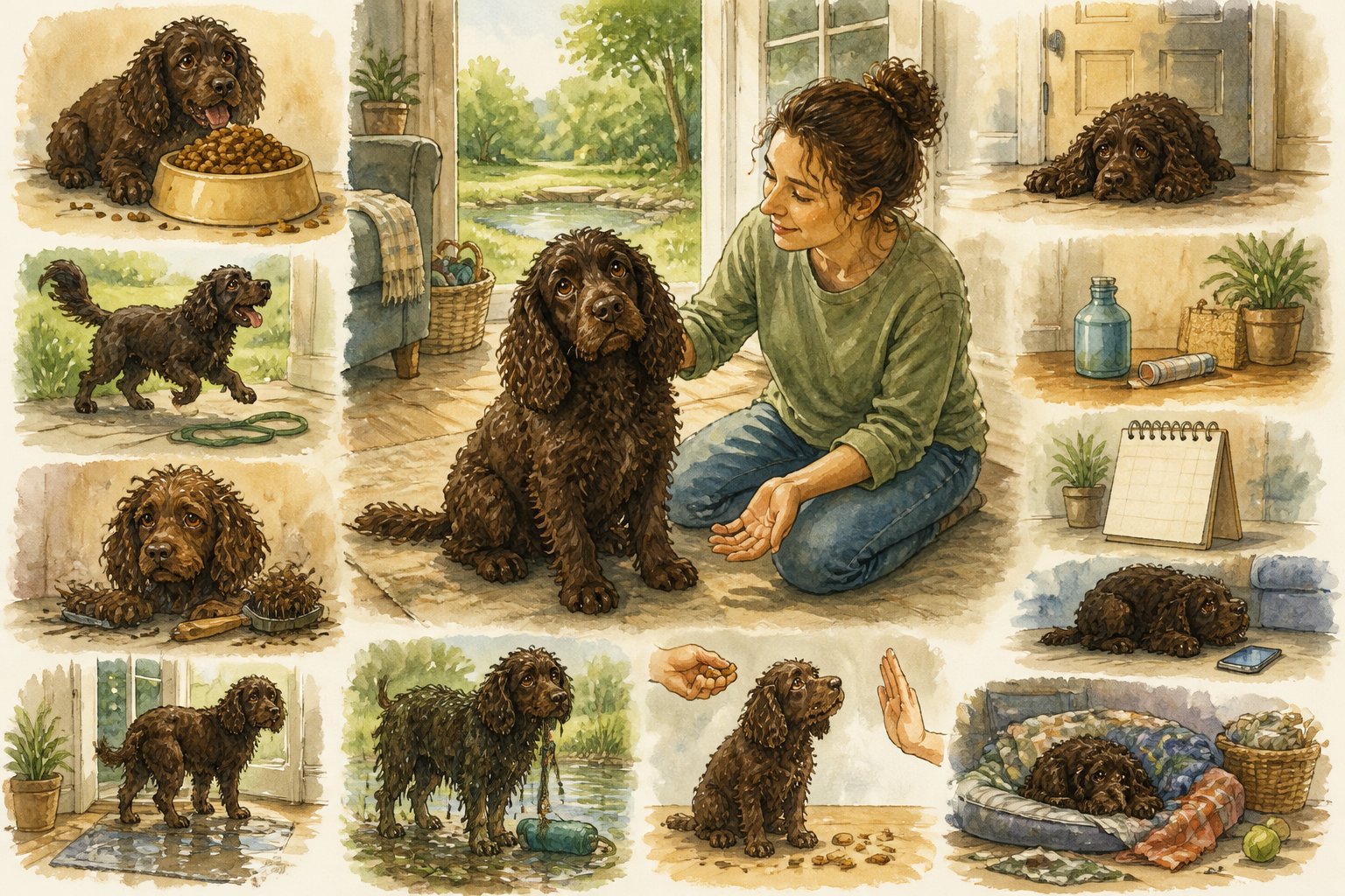 An American Water Spaniel sits in a cozy home surrounded by visual reminders of common care mistakes, including overfeeding, missed grooming, insufficient exercise, and neglected training.