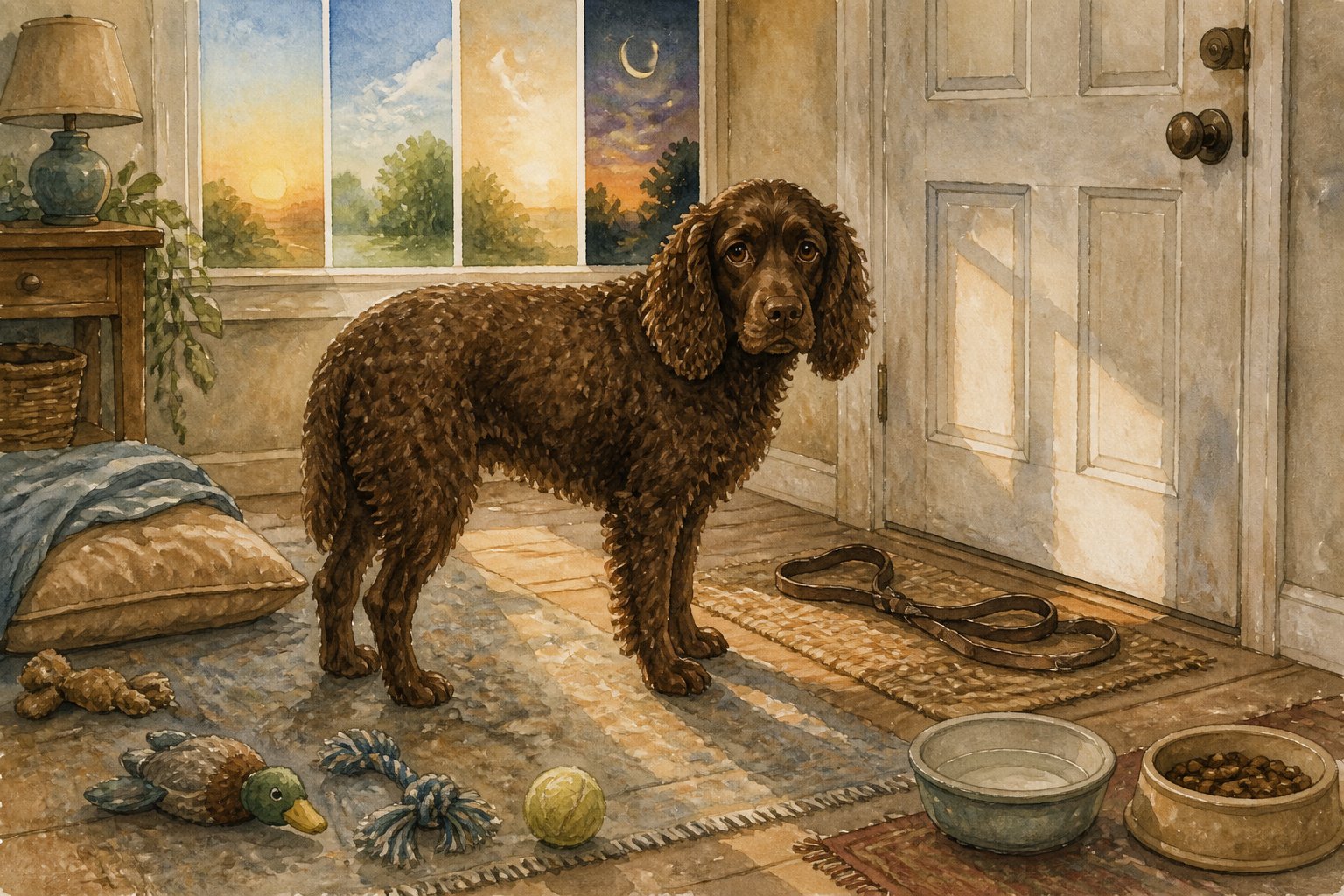 A lonely American Water Spaniel waits indoors beside a closed door, with scattered toys and nearly empty bowls nearby.