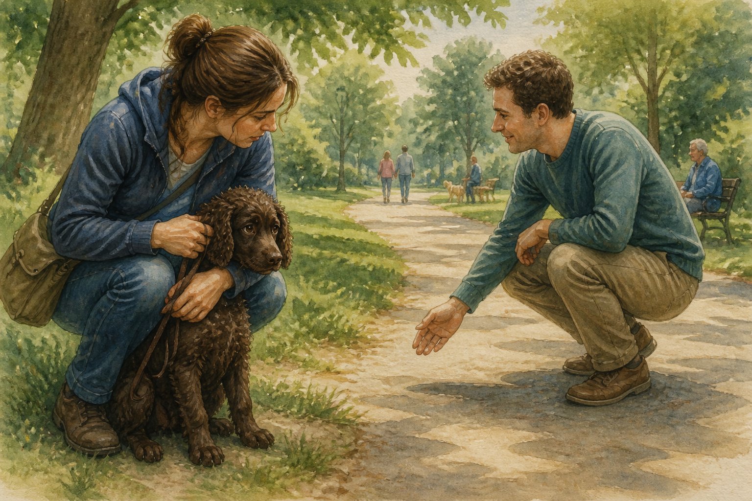 A shy American Water Spaniel puppy stays close to its owner while a stranger approaches cautiously in a park.