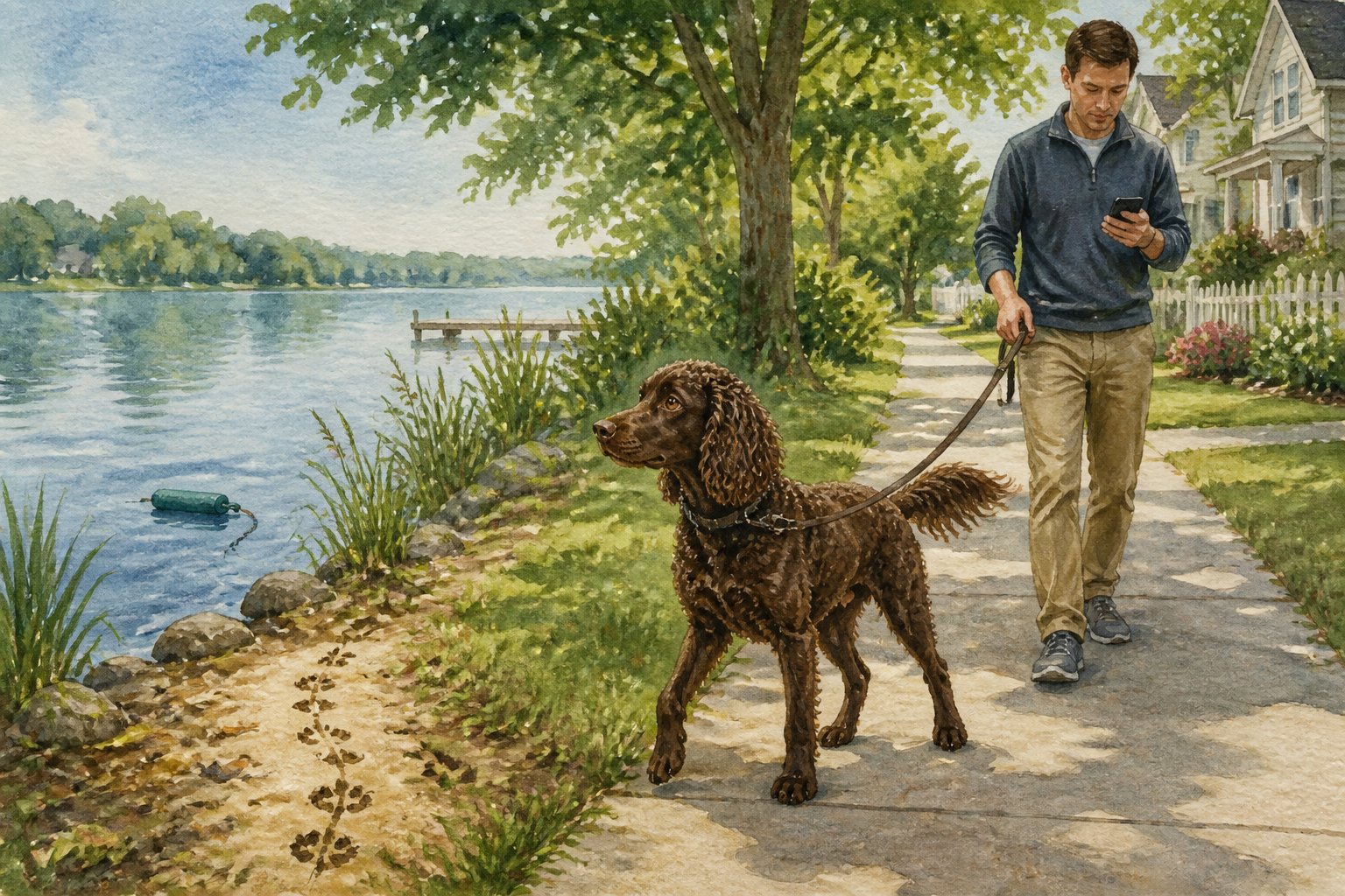 An American Water Spaniel takes a simple sidewalk walk while nearby swimming, retrieving, and scent-exploring opportunities go unused.