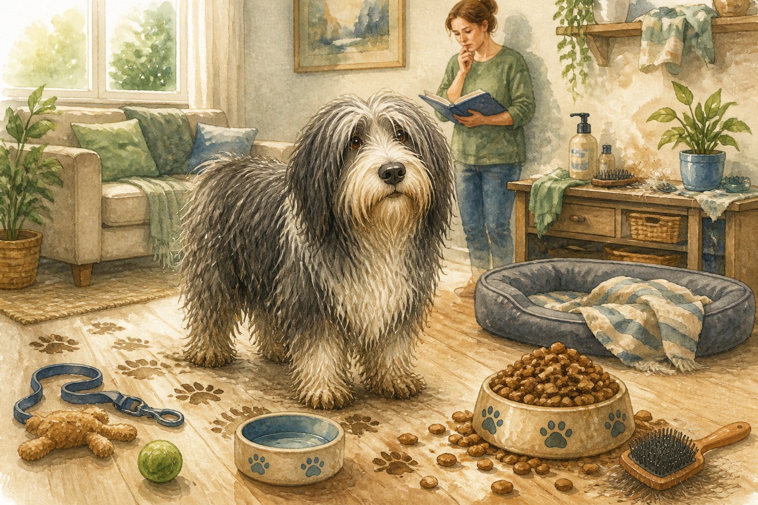 A shaggy Bearded Collie sits indoors while its owner notices scattered care supplies, an empty water bowl, tangled fur, and other signs of an inconsistent care routine.