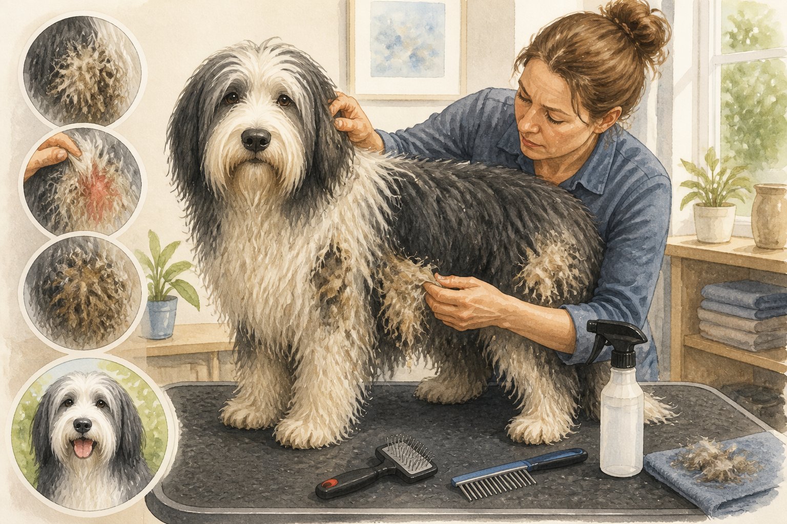 A Bearded Collie with tangled fur stands on a grooming table while its owner prepares to brush its coat.