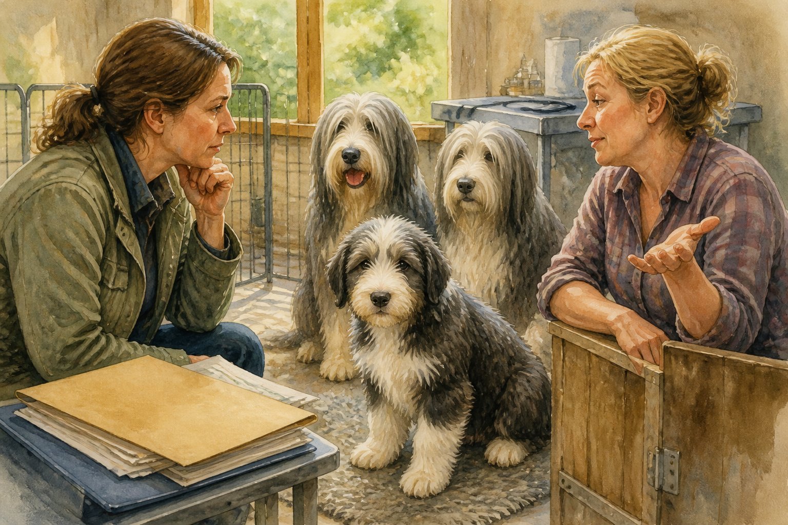 A concerned buyer examines a Bearded Collie puppy while a breeder and the puppy’s parents stand nearby in a kennel.