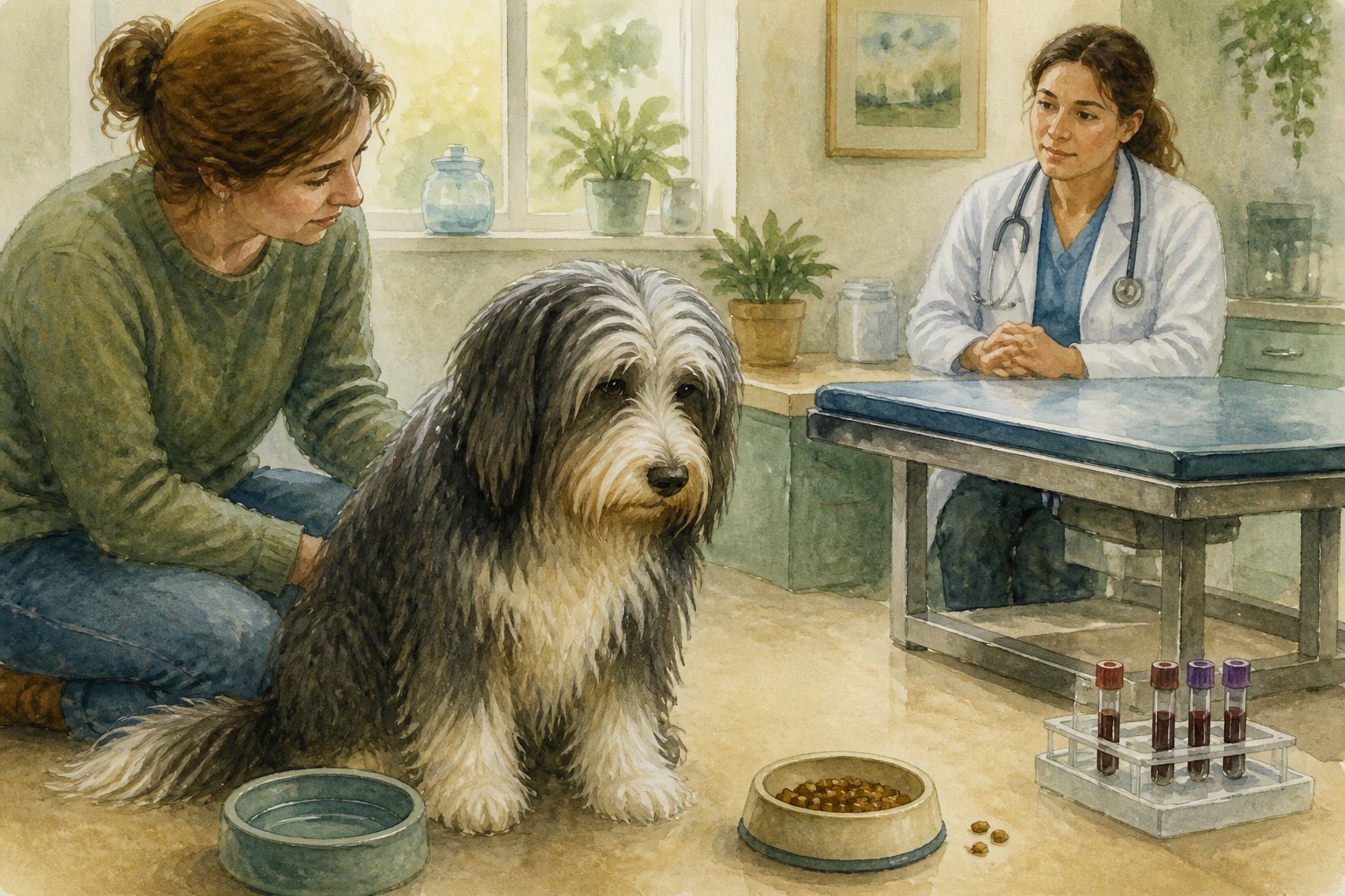 A Bearded Collie sits quietly beside its owner while a veterinarian observes subtle signs of illness in an examination room.