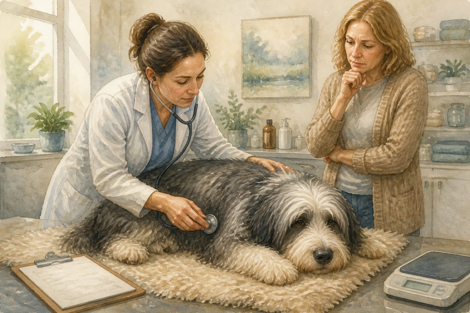 A tired, overweight Bearded Collie is examined by a veterinarian while its concerned owner watches.