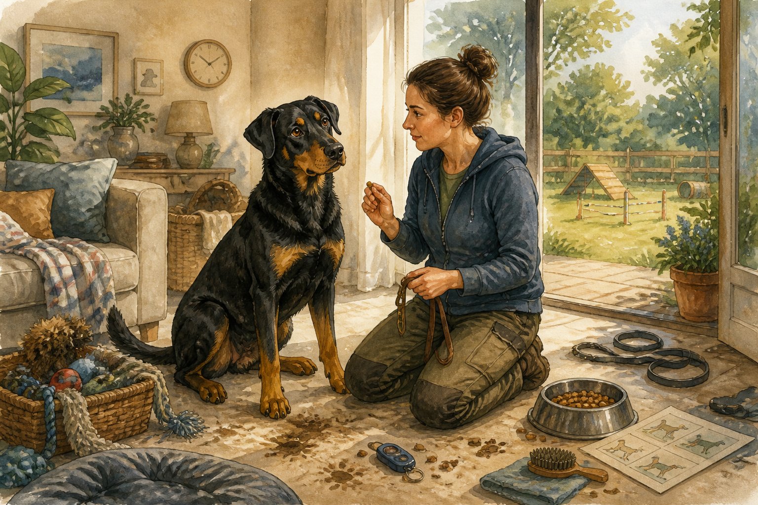 A Beauceron dog sits beside its owner in a home training area surrounded by dog supplies and signs of an inconsistent routine.
