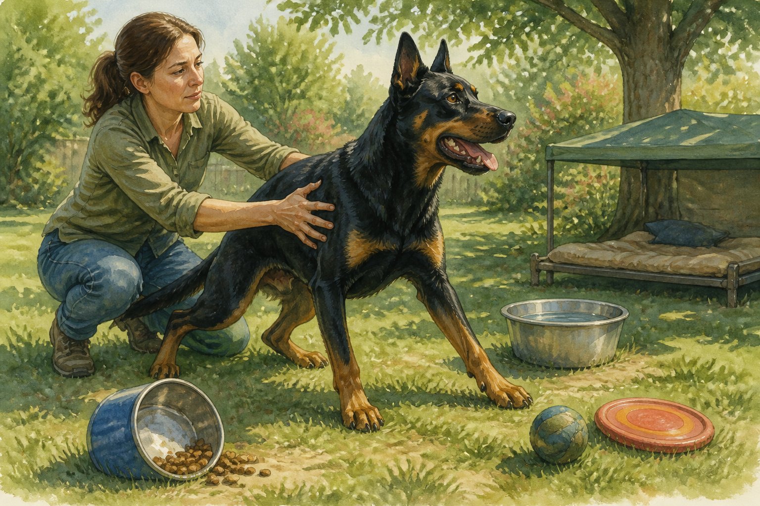 A concerned owner gently prevents a large Beauceron from running after it has eaten.