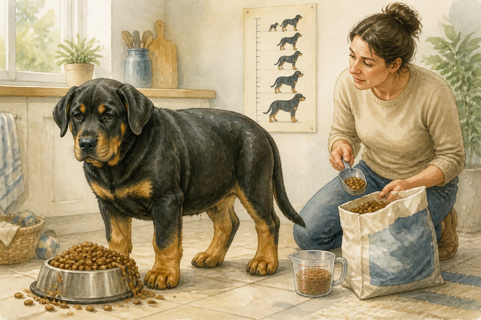 A large, slightly overweight Beauceron puppy stands beside an overflowing food bowl while its owner measures kibble in a home kitchen.