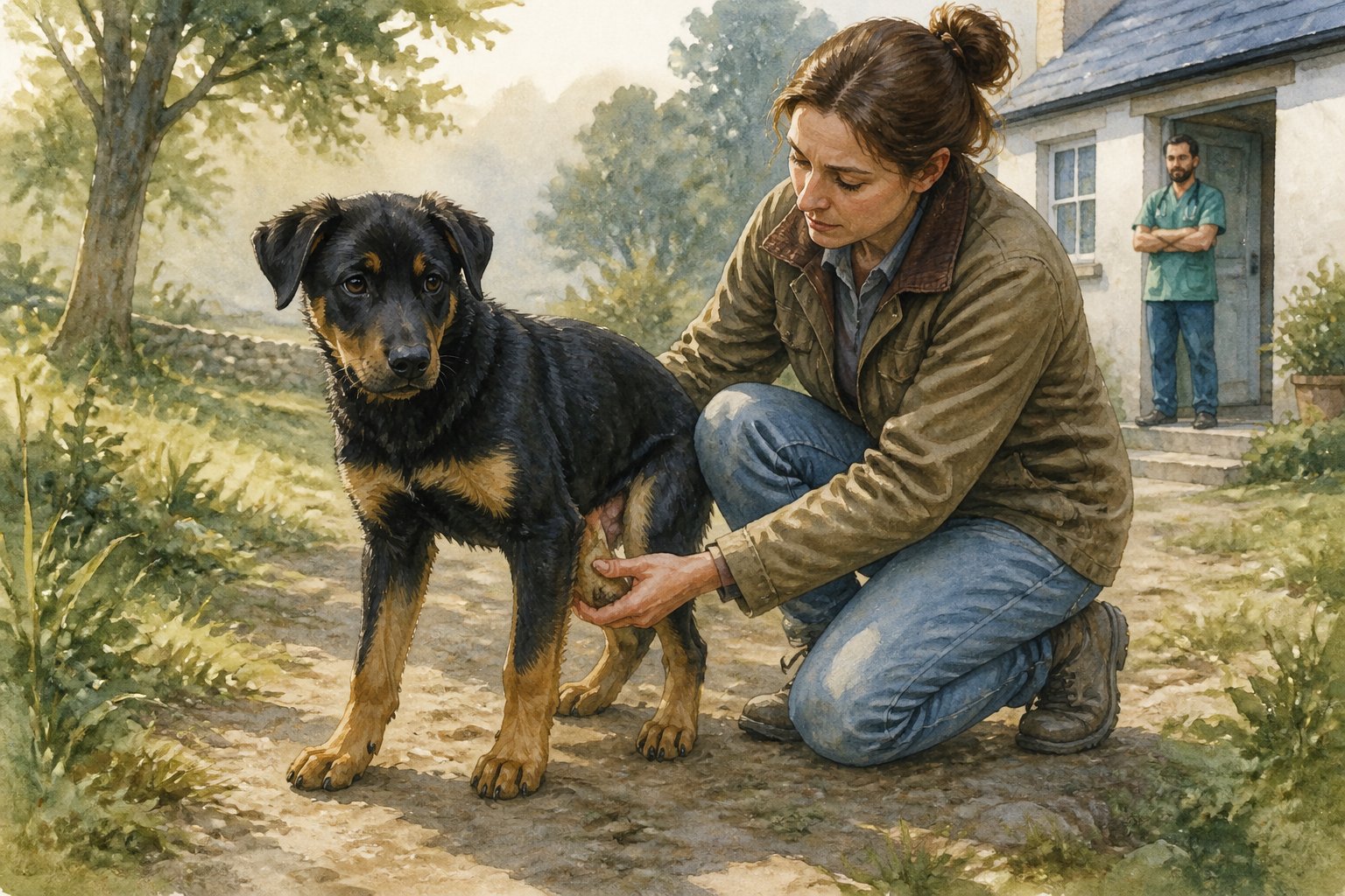 A young Beauceron stands stiffly on a grassy path while its owner carefully examines one of its legs.