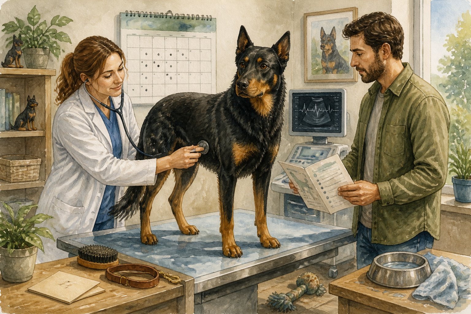 A Beauceron receives a routine heart examination from a veterinarian while its owner watches in a veterinary clinic.
