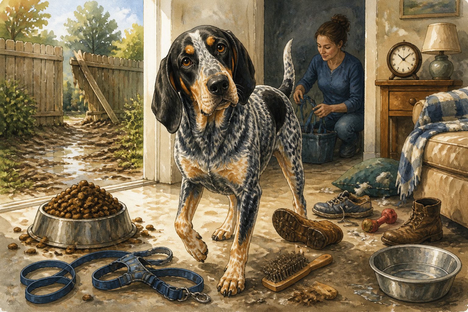 A Bluetick Coonhound stands in a home and yard surrounded by signs of common care mistakes, while an owner begins correcting them.